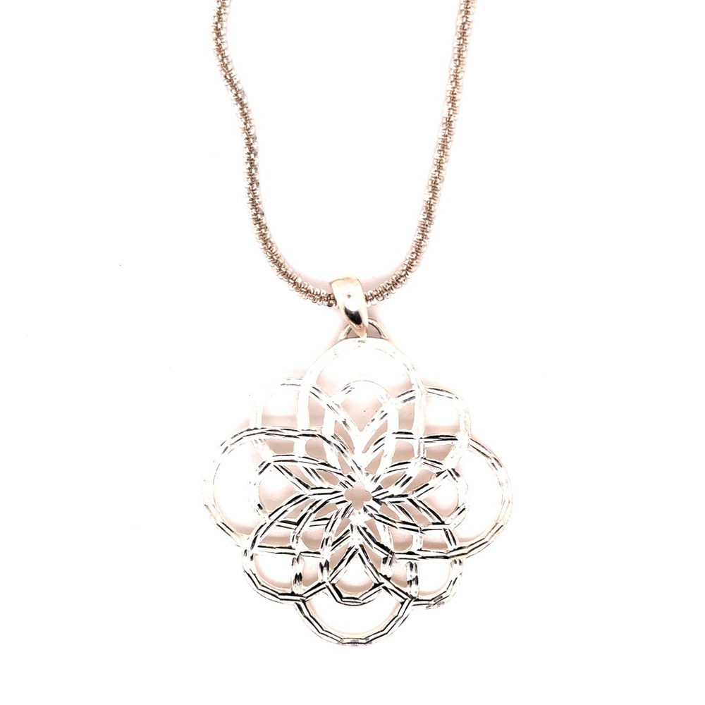 Sterling Silver 925 Geometric Flower Pendant Necklace 24 Inch Wheat Chain 14.8g